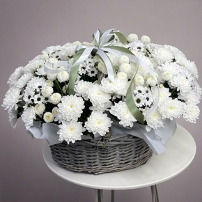 Композиция в корзине "Снежная лавина" из хризантем в Дедовске