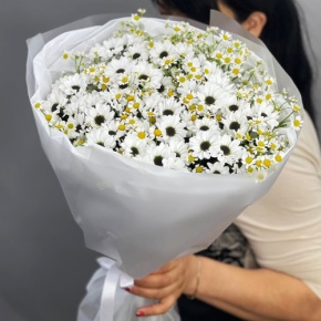 Букет "Понарошку" из хризантем сантини и ромашек в Дедовске